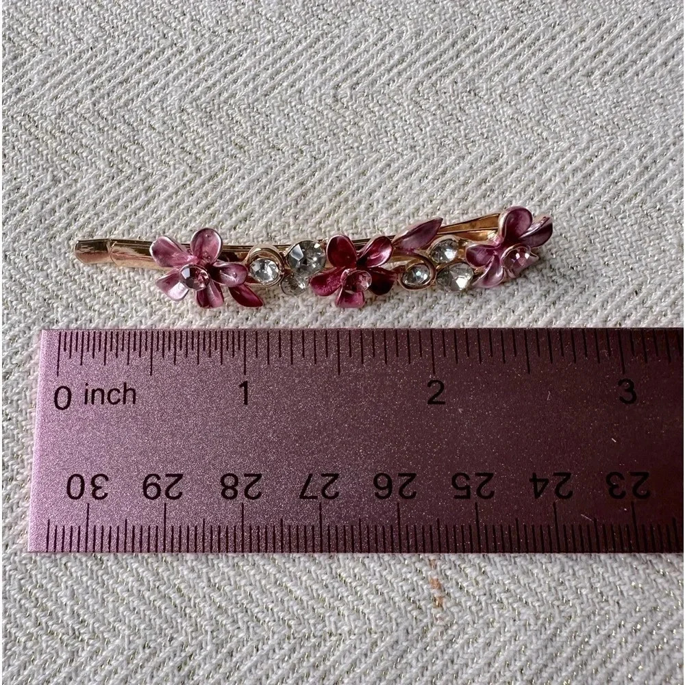 Pink Floral Romantic Gold Hair Pin w/ Crystal Rhinestones & Enamel - Picture 3 of 4